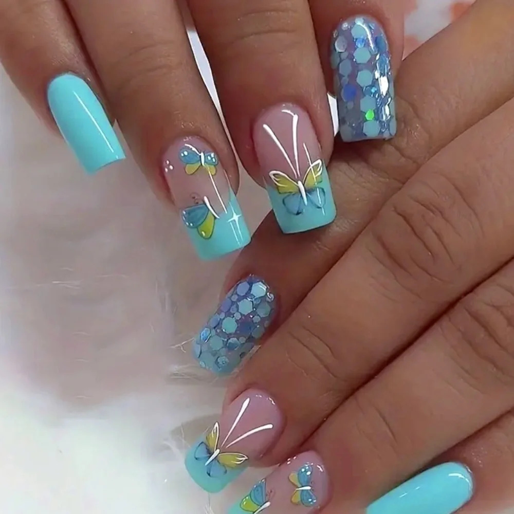 Women's Girl's 24 Pieces Blue Butterfly Sequin Nails Press Ons Blue French Tips